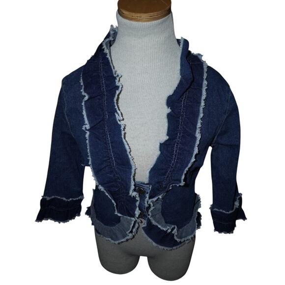 Pewter 90s Y2K Denim Cropped Ruffle Blazer Jacket Women’s M J.Lo Streetwear - Picture 2 of 13